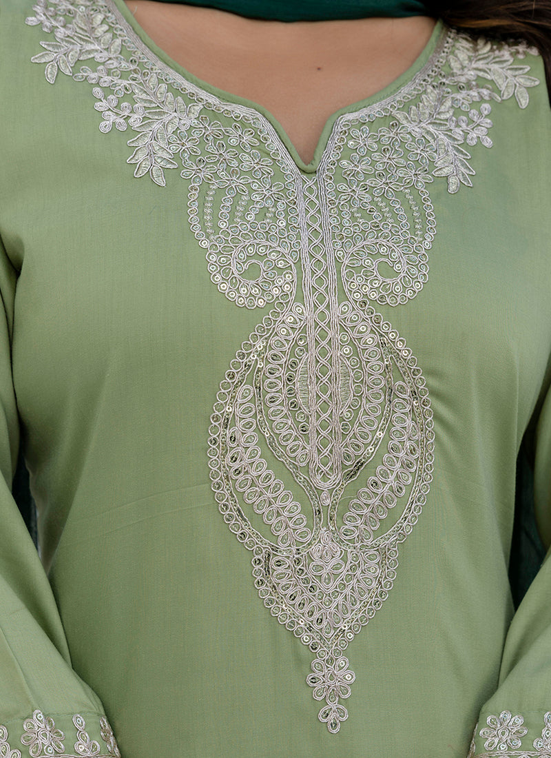 Vellora Silk Blend Pista Casual Wear Embroidery Work Readymade Salwar Suit