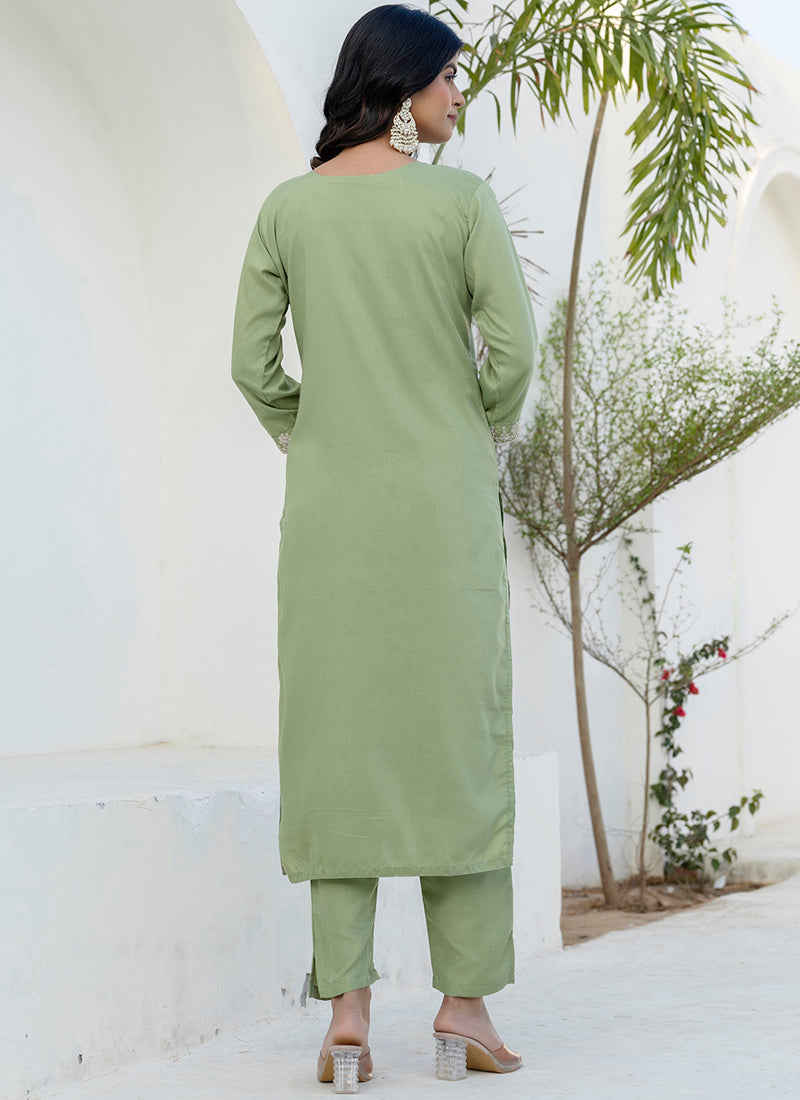 Vellora Silk Blend Pista Casual Wear Embroidery Work Readymade Salwar Suit