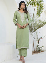 Thumbnail for Vellora Silk Blend Pista Casual Wear Embroidery Work Readymade Salwar Suit