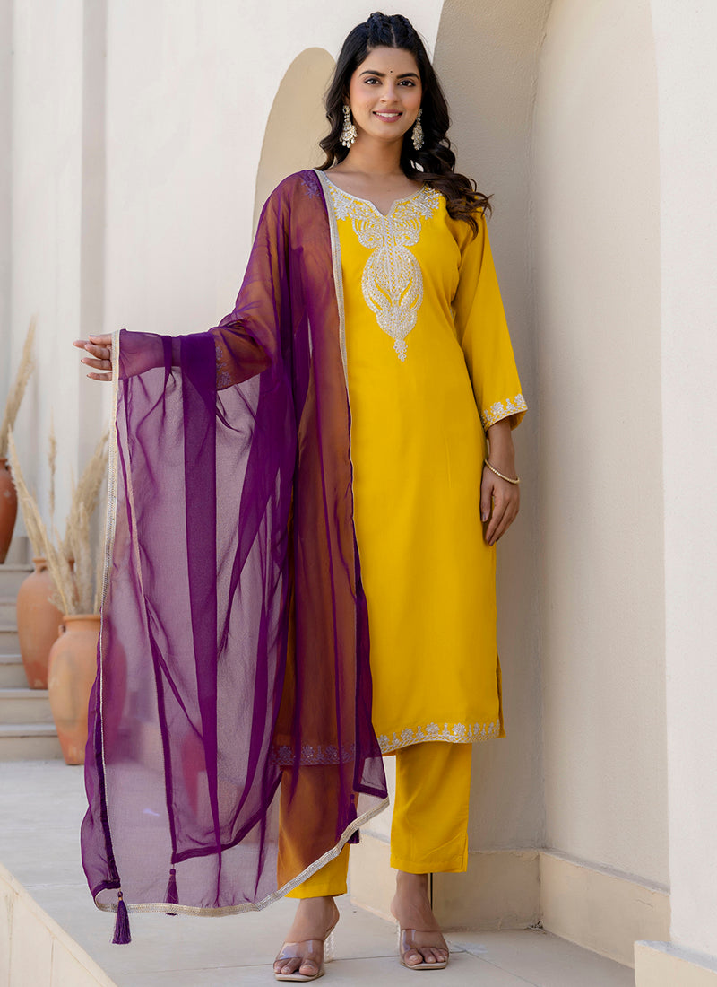 Vellora Silk Blend Yellow Casual Wear Embroidery Work Readymade Salwar Suit