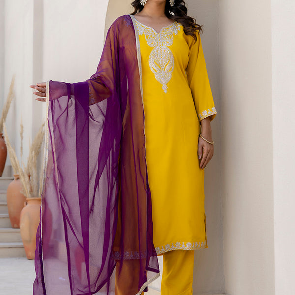 Vellora Silk Blend Yellow Casual Wear Embroidery Work Readymade Salwar Suit - Distacart