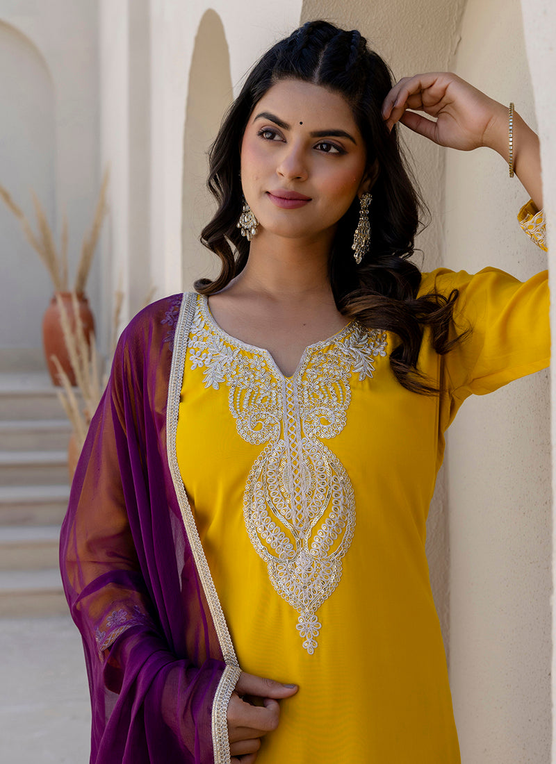 Vellora Silk Blend Yellow Casual Wear Embroidery Work Readymade Salwar Suit