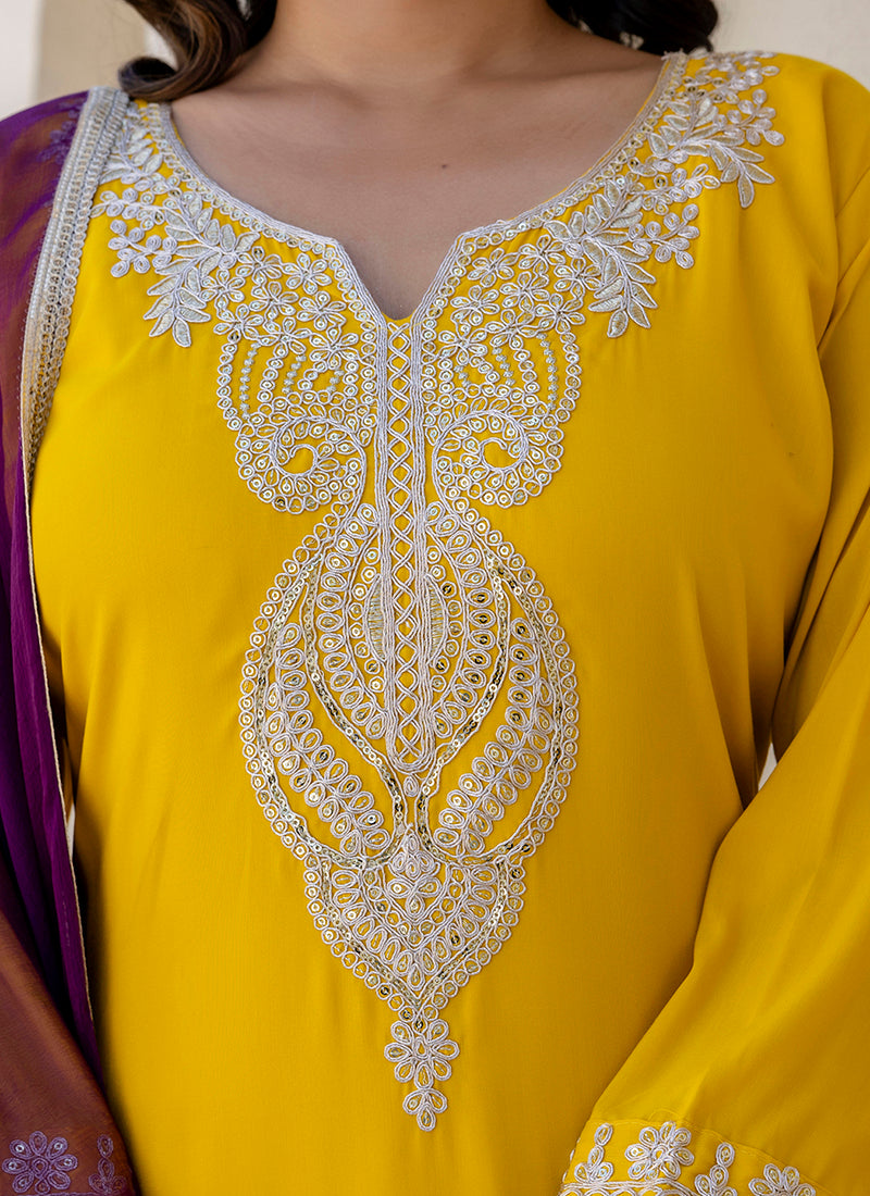 Vellora Silk Blend Yellow Casual Wear Embroidery Work Readymade Salwar Suit