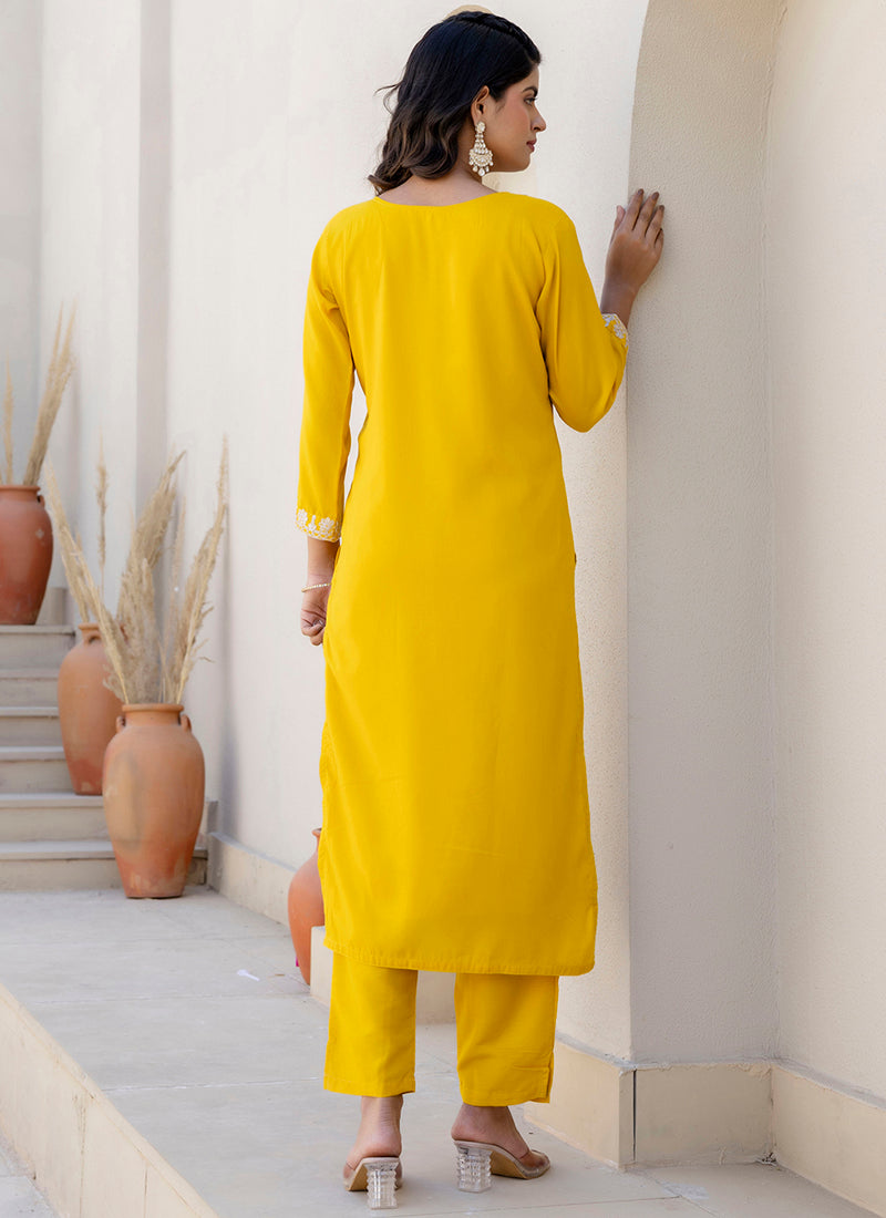 Vellora Silk Blend Yellow Casual Wear Embroidery Work Readymade Salwar Suit