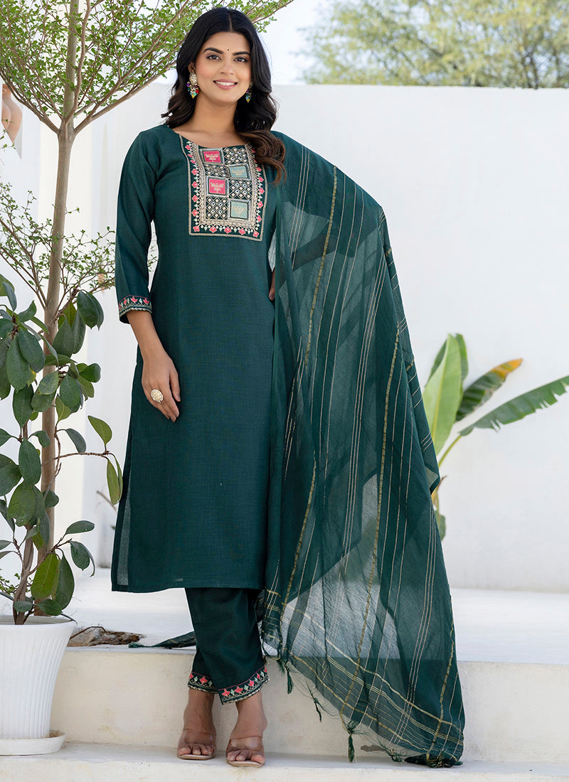 Vellora Cotton Blend Teal Casual Wear Embroidery Work Readymade Salwar Suit