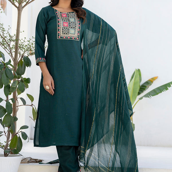 Vellora Cotton Blend Teal Casual Wear Embroidery Work Readymade Salwar Suit