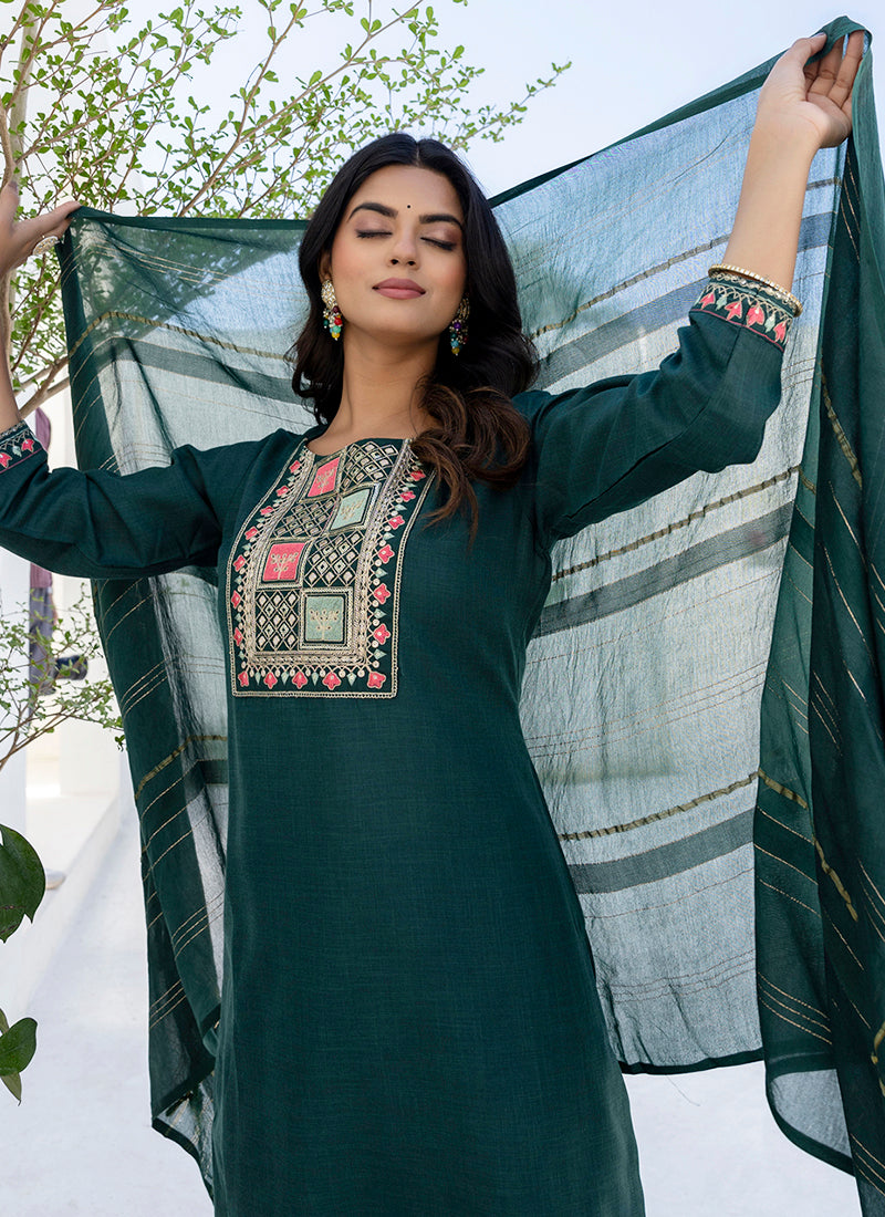 Vellora Cotton Blend Teal Casual Wear Embroidery Work Readymade Salwar Suit