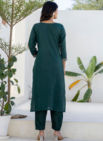 Thumbnail for Vellora Cotton Blend Teal Casual Wear Embroidery Work Readymade Salwar Suit