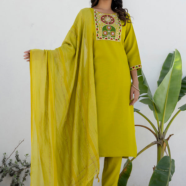 Vellora Cotton Blend Lime Green Casual Wear Embroidery Work Readymade Salwar Suit
