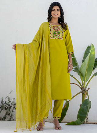 Vellora Cotton Blend Lime Green Casual Wear Embroidery Work Readymade Salwar Suit