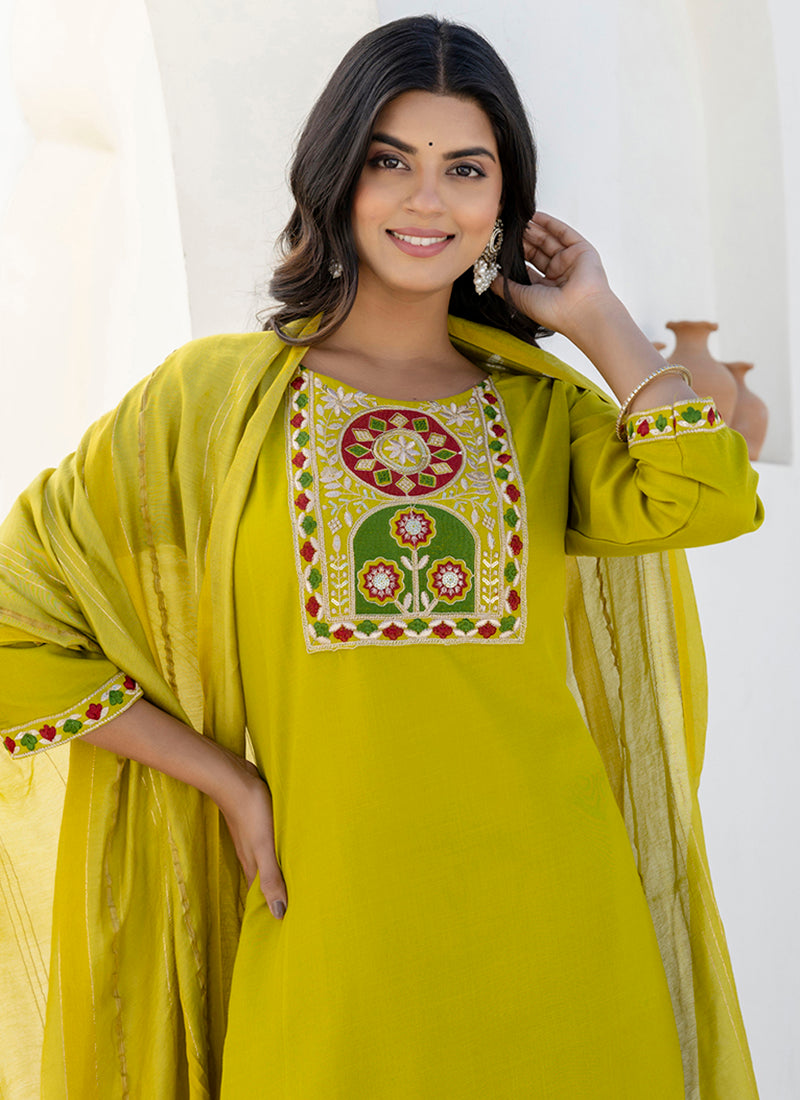 Vellora Cotton Blend Lime Green Casual Wear Embroidery Work Readymade Salwar Suit