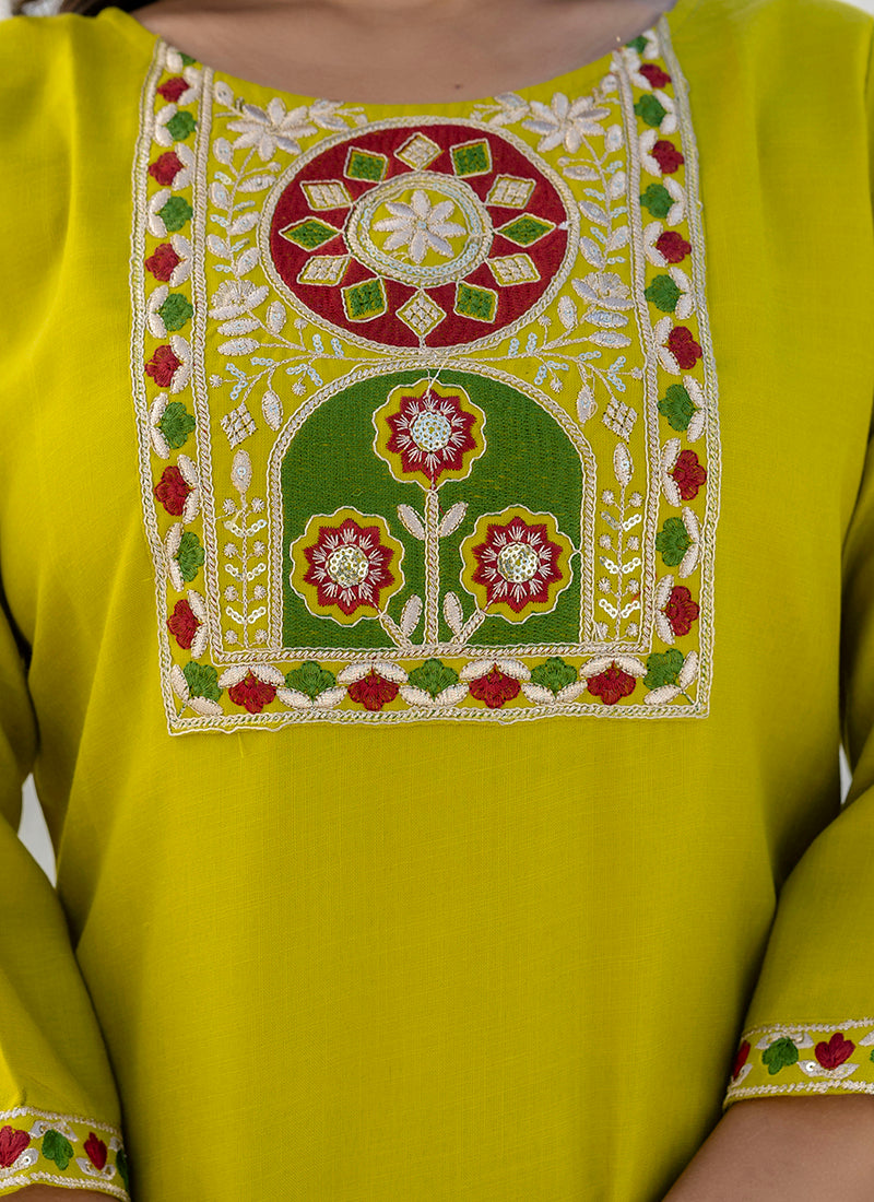 Vellora Cotton Blend Lime Green Casual Wear Embroidery Work Readymade Salwar Suit