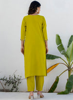 Thumbnail for Vellora Cotton Blend Lime Green Casual Wear Embroidery Work Readymade Salwar Suit