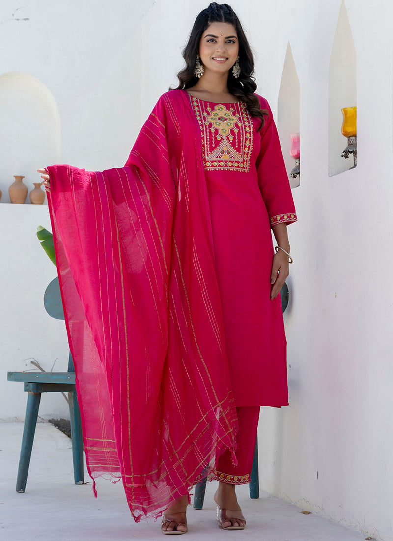 Vellora Cotton Blend Rani Pink Casual Wear Embroidery Work Readymade Salwar Suit