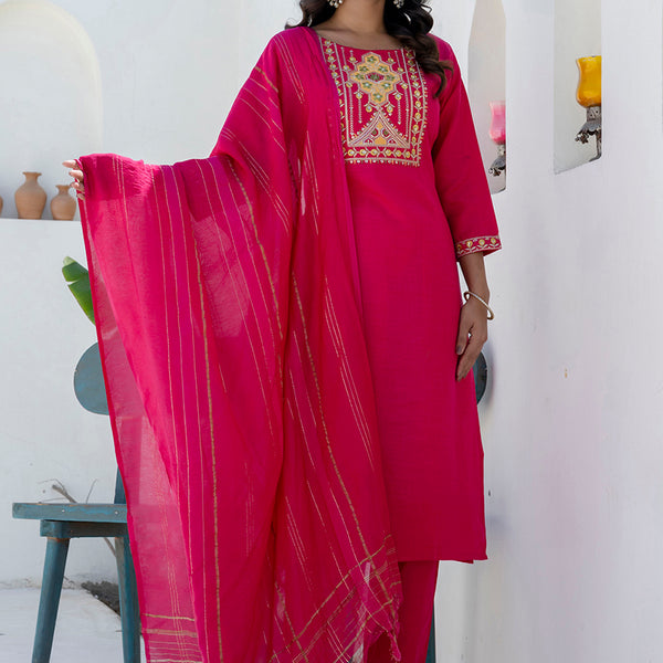Vellora Cotton Blend Rani Pink Casual Wear Embroidery Work Readymade Salwar Suit