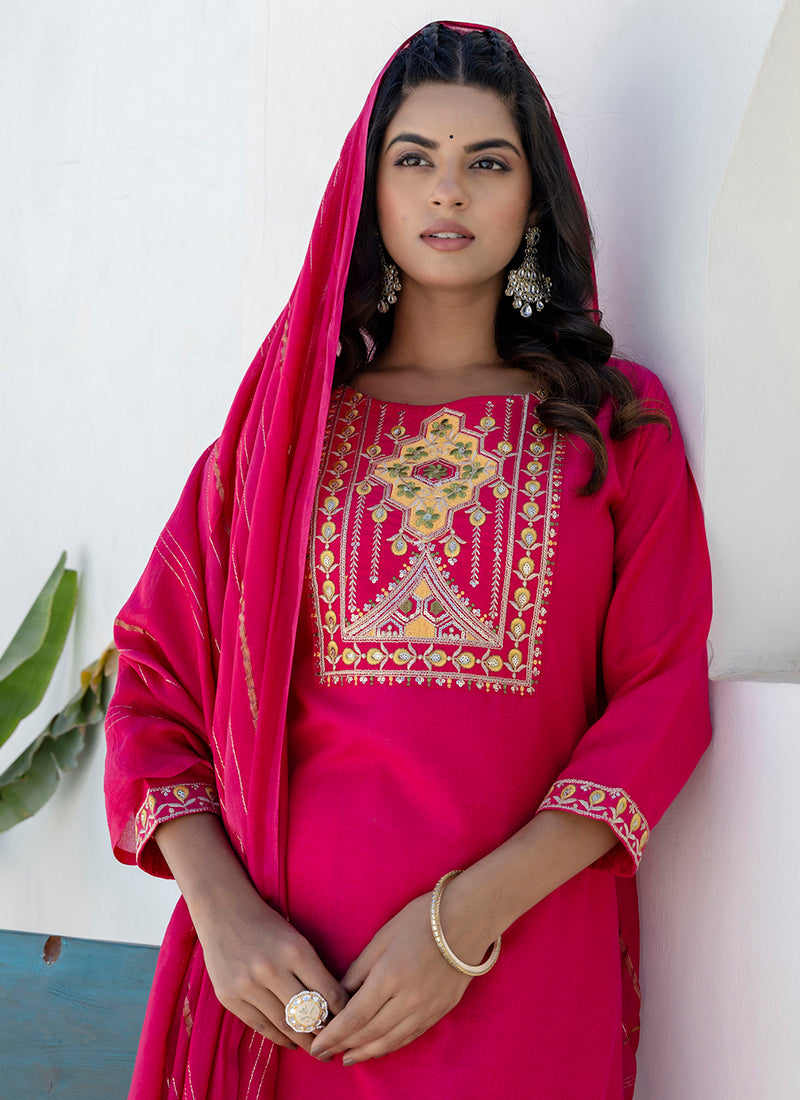 Vellora Cotton Blend Rani Pink Casual Wear Embroidery Work Readymade Salwar Suit