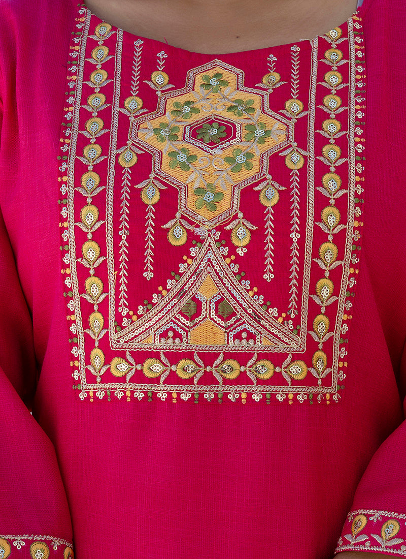 Vellora Cotton Blend Rani Pink Casual Wear Embroidery Work Readymade Salwar Suit