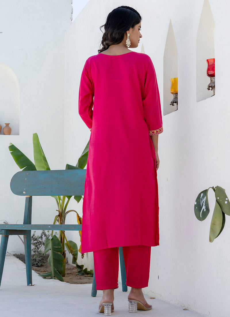 Vellora Cotton Blend Rani Pink Casual Wear Embroidery Work Readymade Salwar Suit