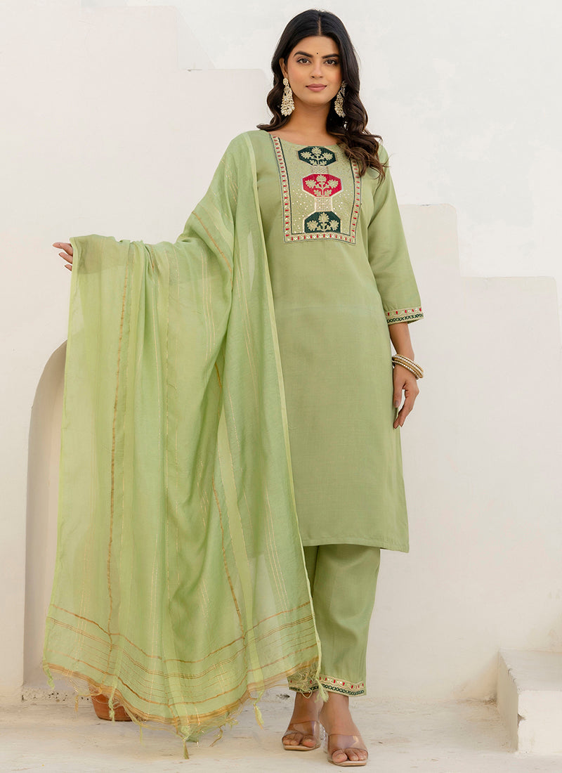 Vellora Cotton Blend Pista Casual Wear Embroidery Work Readymade Salwar Suit