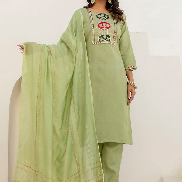 Vellora Cotton Blend Pista Casual Wear Embroidery Work Readymade Salwar Suit