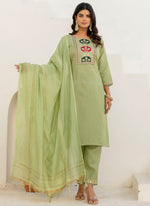 Thumbnail for Vellora Cotton Blend Pista Casual Wear Embroidery Work Readymade Salwar Suit