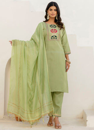 Vellora Cotton Blend Pista Casual Wear Embroidery Work Readymade Salwar Suit