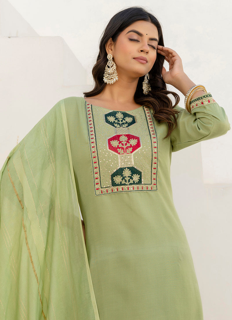 Vellora Cotton Blend Pista Casual Wear Embroidery Work Readymade Salwar Suit