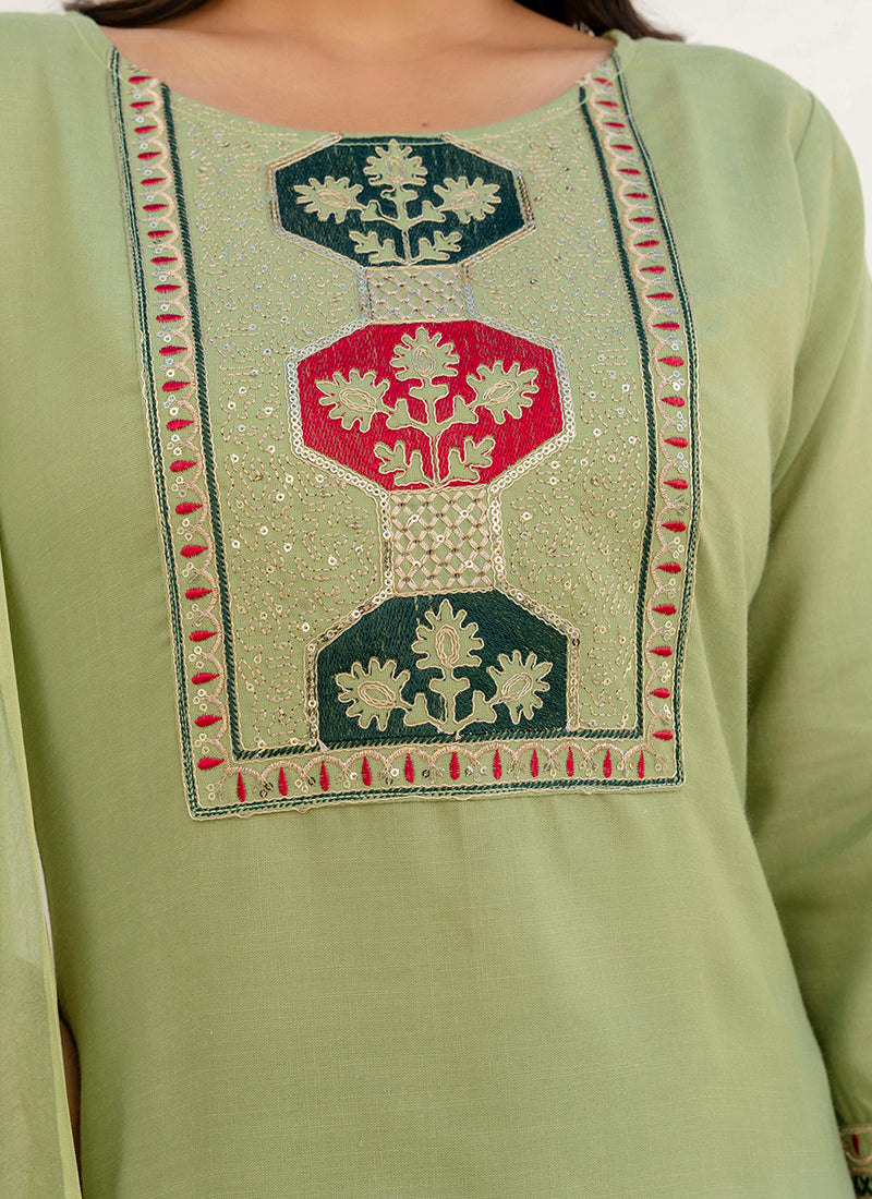 Vellora Cotton Blend Pista Casual Wear Embroidery Work Readymade Salwar Suit