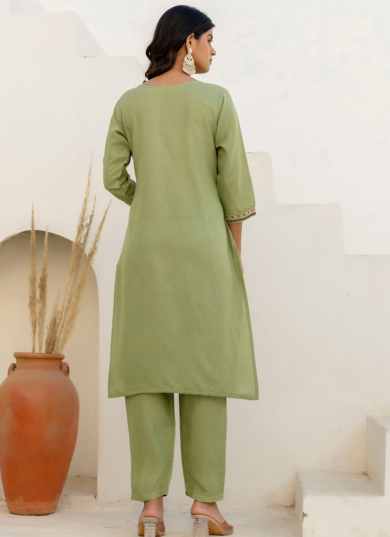 Vellora Cotton Blend Pista Casual Wear Embroidery Work Readymade Salwar Suit
