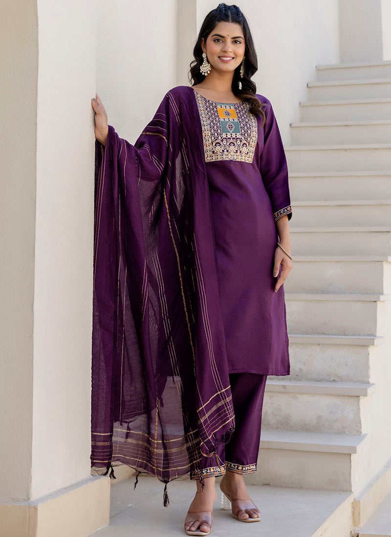 Vellora Cotton Blend Violet Casual Wear Embroidery Work Readymade Salwar Suit