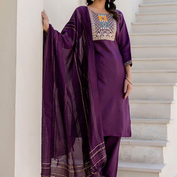 Vellora Cotton Blend Violet Casual Wear Embroidery Work Readymade Salwar Suit - Distacart
