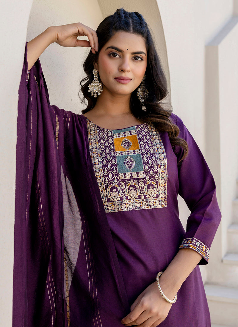 Vellora Cotton Blend Violet Casual Wear Embroidery Work Readymade Salwar Suit