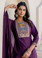 Thumbnail for Vellora Cotton Blend Violet Casual Wear Embroidery Work Readymade Salwar Suit