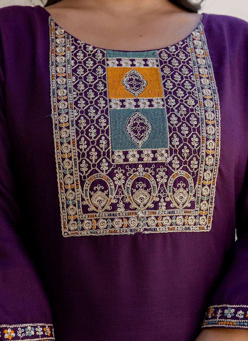 Vellora Cotton Blend Violet Casual Wear Embroidery Work Readymade Salwar Suit