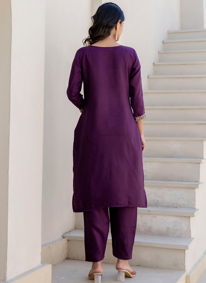 Vellora Cotton Blend Violet Casual Wear Embroidery Work Readymade Salwar Suit