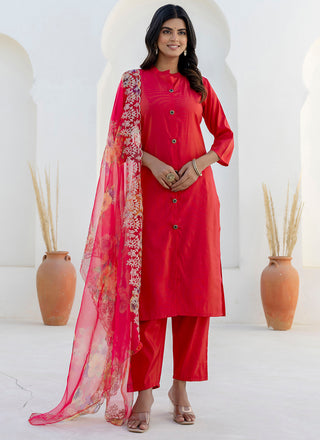 Vellora Shimmer Silk Red Casual Wear Floral Print Readymade Salwar Suit