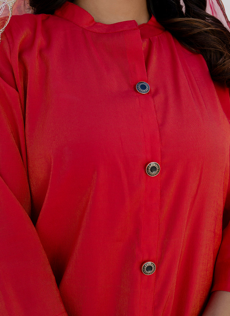 Vellora Shimmer Silk Red Casual Wear Floral Print Readymade Salwar Suit