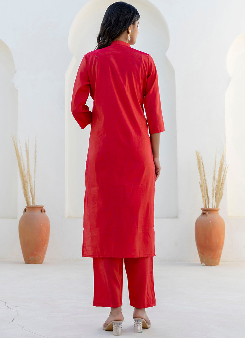 Vellora Shimmer Silk Red Casual Wear Floral Print Readymade Salwar Suit