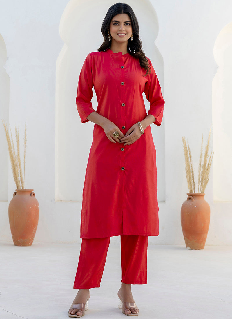 Vellora Shimmer Silk Red Casual Wear Floral Print Readymade Salwar Suit