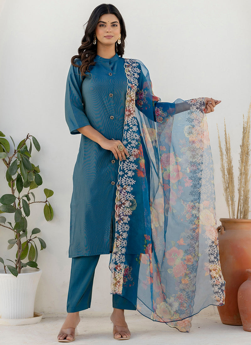 Vellora Shimmer Silk Navy Blue Casual Wear Floral Print Readymade Salwar Suit