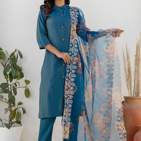 Vellora Shimmer Silk Navy Blue Casual Wear Floral Print Readymade Salwar Suit - Distacart