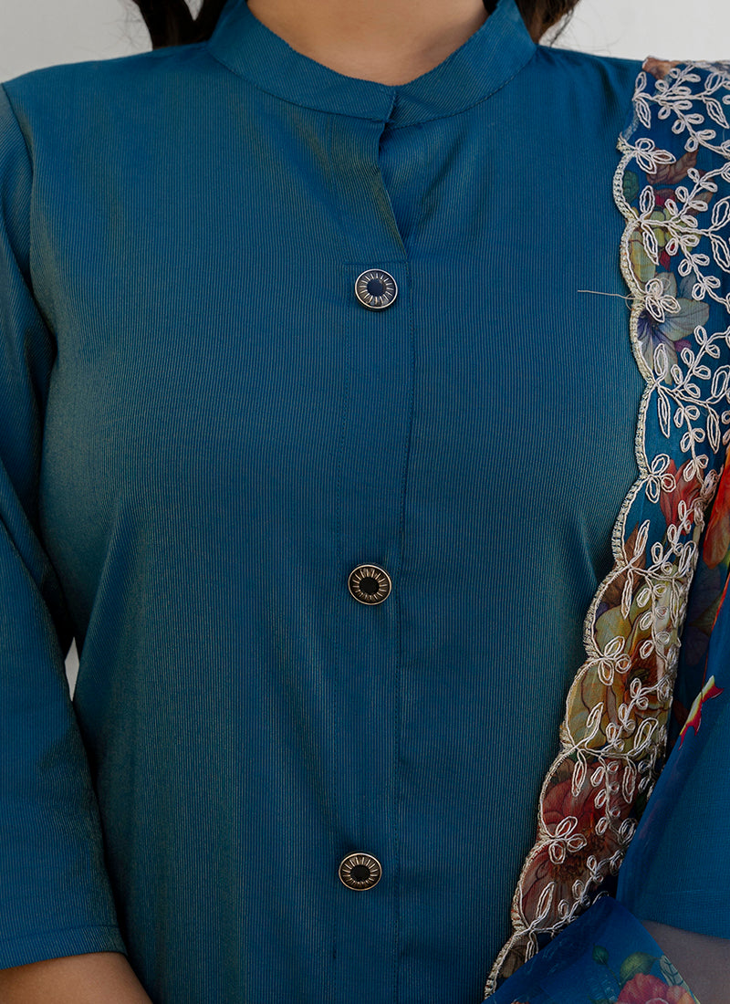 Vellora Shimmer Silk Navy Blue Casual Wear Floral Print Readymade Salwar Suit