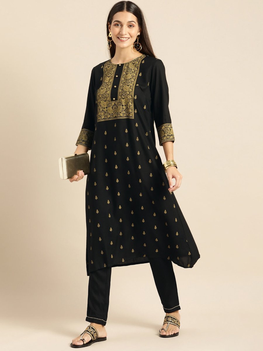 All About You Women Black & Mustard Yellow Printed Kurta with Trousers - Distacart