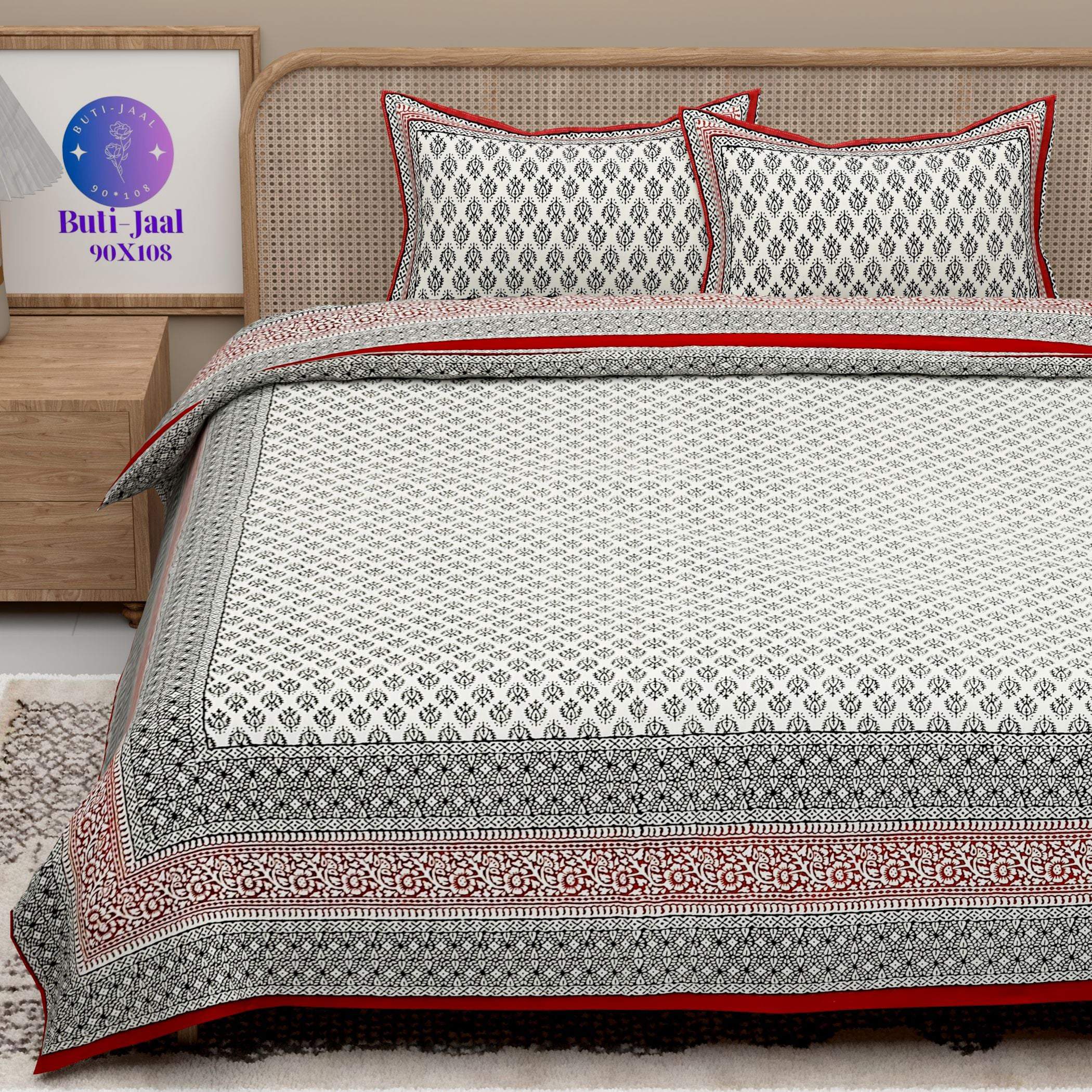 Red White Handblock Printed Cotton 200TC King Bedsheet With 2 Zipper Pillow Covers - King Size by House of Ree - Distacart