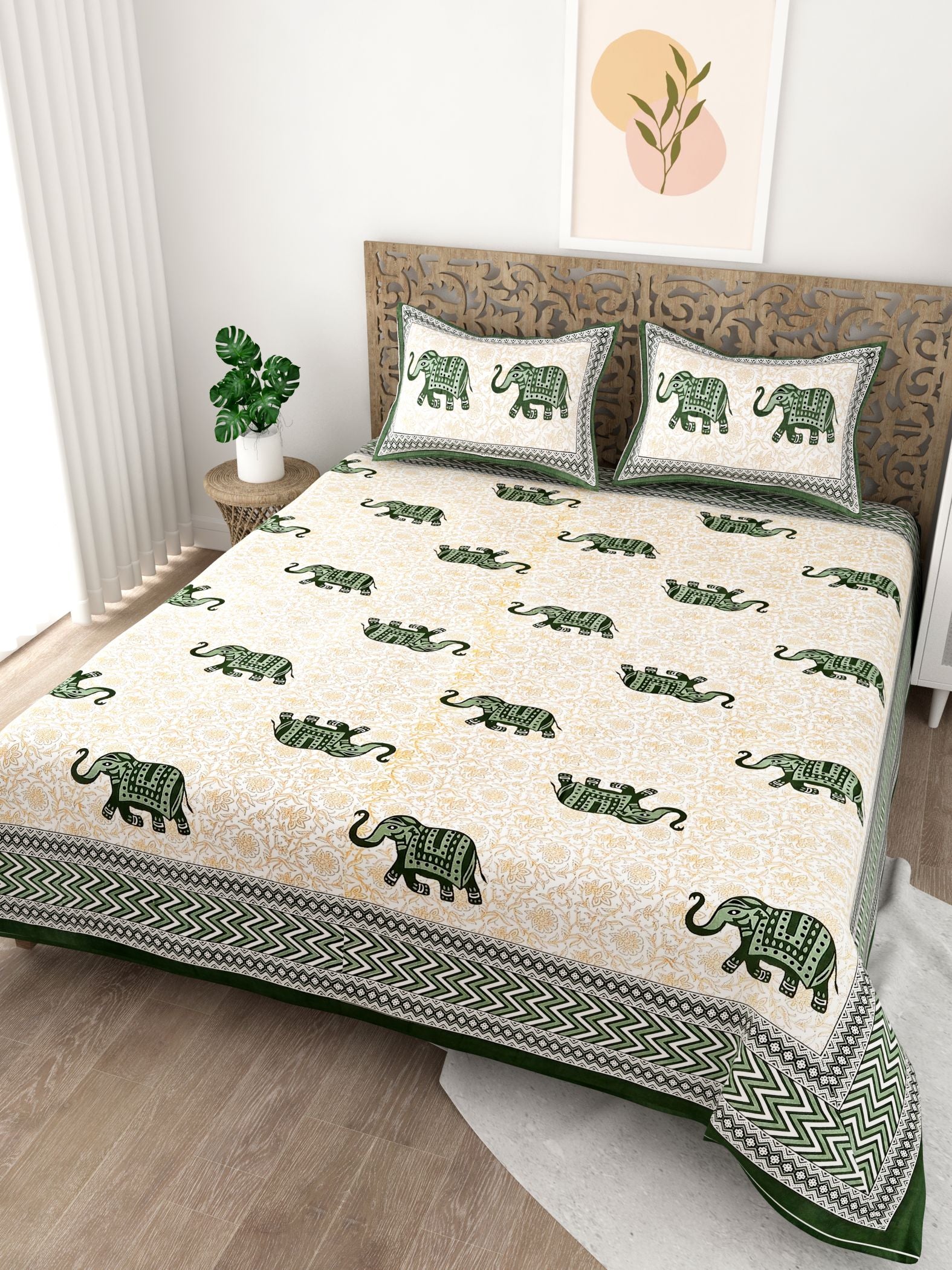 Green Yellow Elephant Design Cotton 200TC King Bedsheet With 2 Zipper Pillow Covers - King Size by House of Ree - Distacart