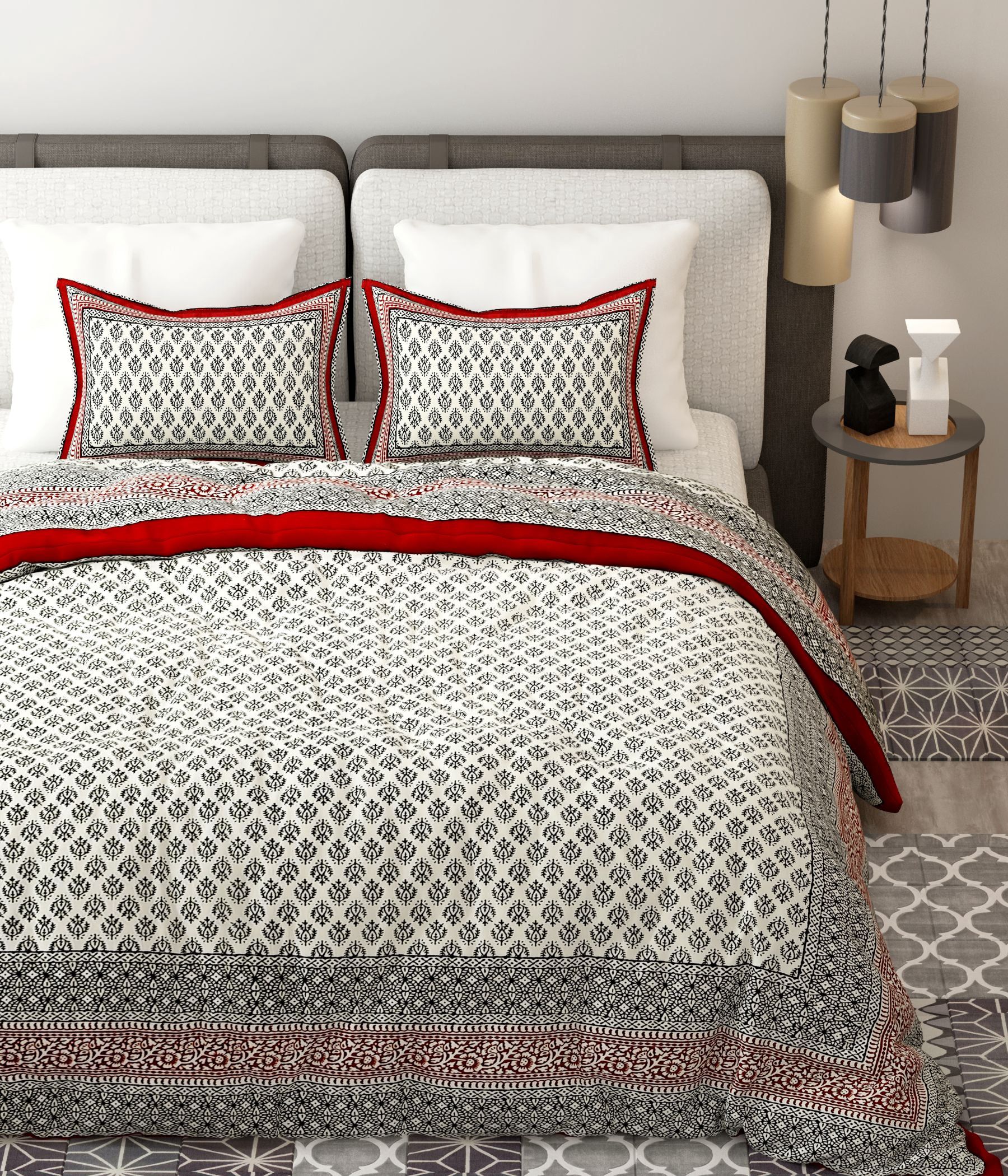 Red White Handblock Printed Cotton 200TC King Bedsheet With 2 Zipper Pillow Covers - King Size by House of Ree - Distacart