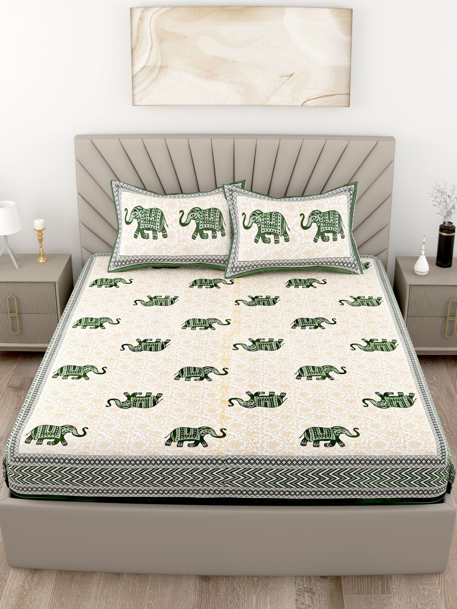 Green Yellow Elephant Design Cotton 200TC King Bedsheet With 2 Zipper Pillow Covers - King Size by House of Ree - Distacart
