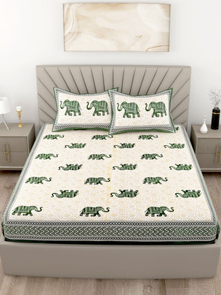 Green Yellow Elephant Design Cotton 200TC King Bedsheet With 2 Zipper Pillow Covers - King Size by House of Ree - Distacart