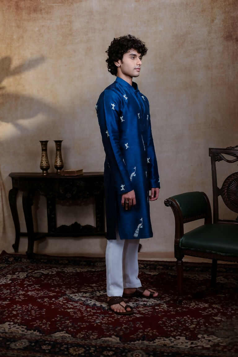 Falling Raw Silk Navy Blue Neel Mayura Kurta Set By Hilo Design