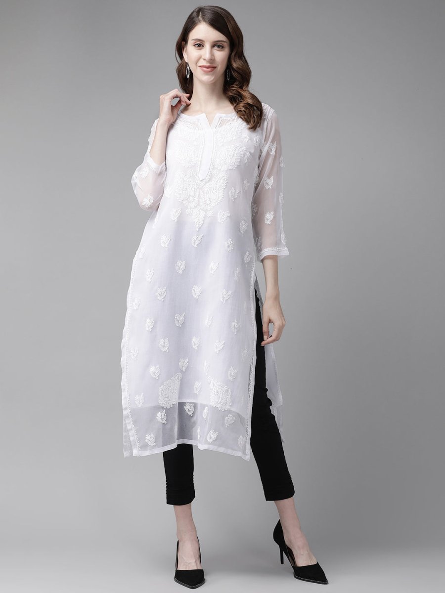 ADA Women White & Black Chikankari Embroidered Handloom Kurta & Slip with Churidar - Distacart